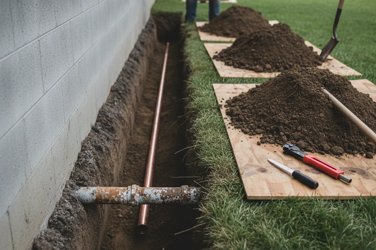 Excavated water line trench during Water Softener Installation in Fort Lee